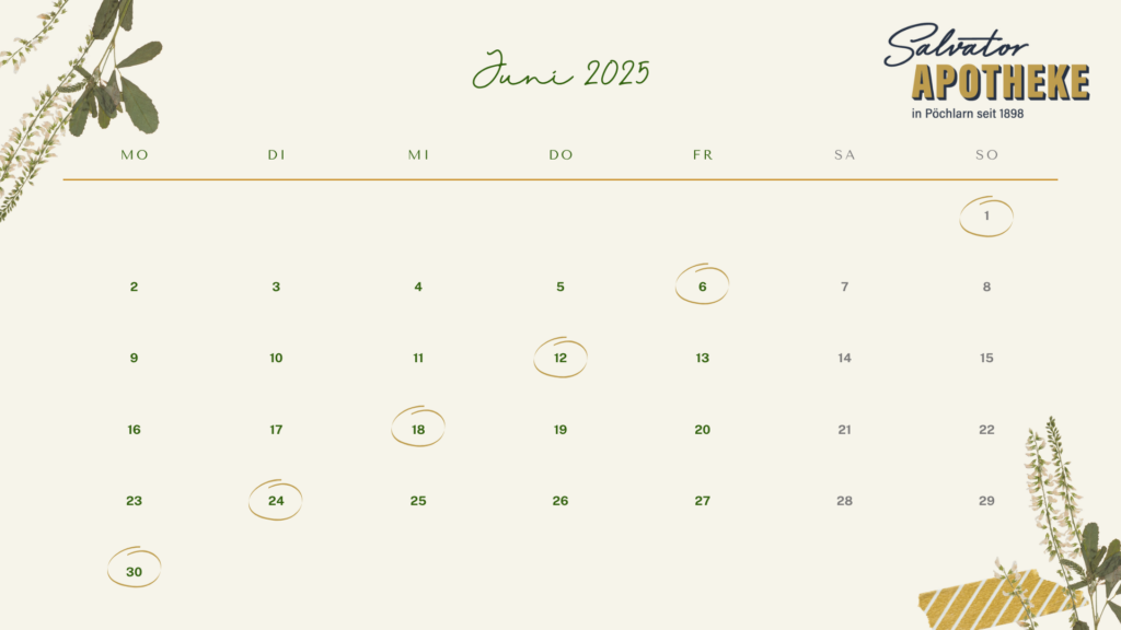 Bereitschaftsdienste Salvator Apotheke Pöchlarn Juni 2025: Sonntag 1. Juni, Freitag 06. Juni, Donnerstag 12. Juni, Mittwoch 18. Juni, Dienstag 24. Juni, Montag 30. Juni